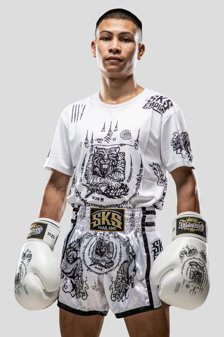 SKS Muay Thai Shorts Sakyant “Tiger & Dragon” - Weiß / Schwarz