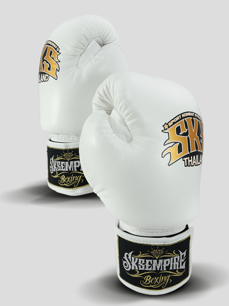SKS Empire Muay Thai Boxhandschuhe - Echt Leder - Weiß / Gold